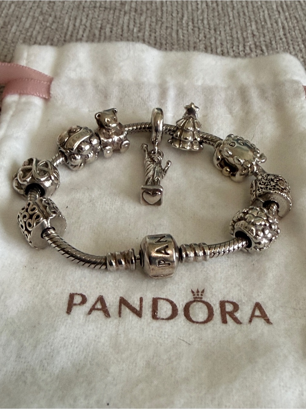 Pandora Silver Charm Bracelet with Statue of Liberty and Teddy Bear Charms